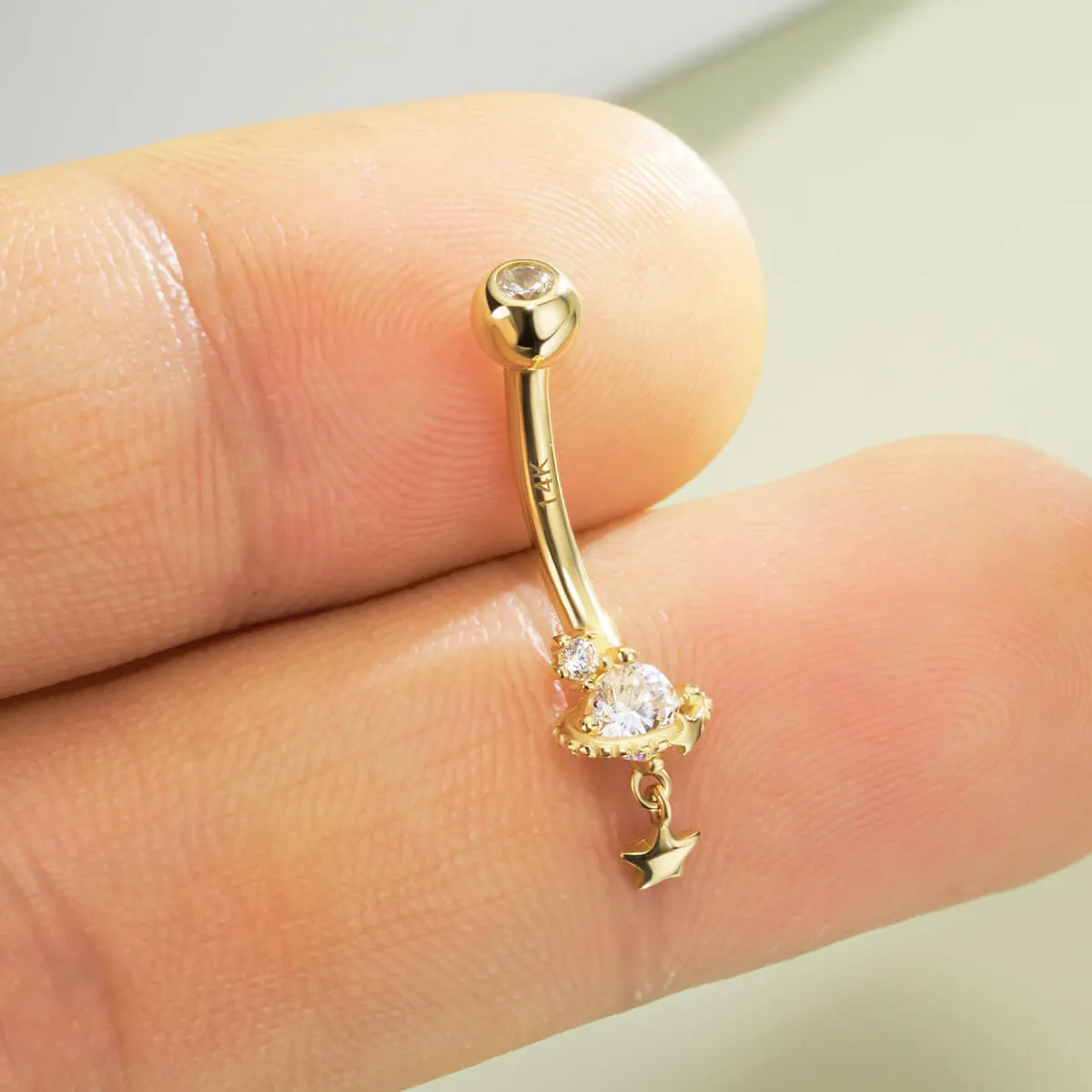 14K Solid Gold 14G Celestial Saturn Belly Button Ring