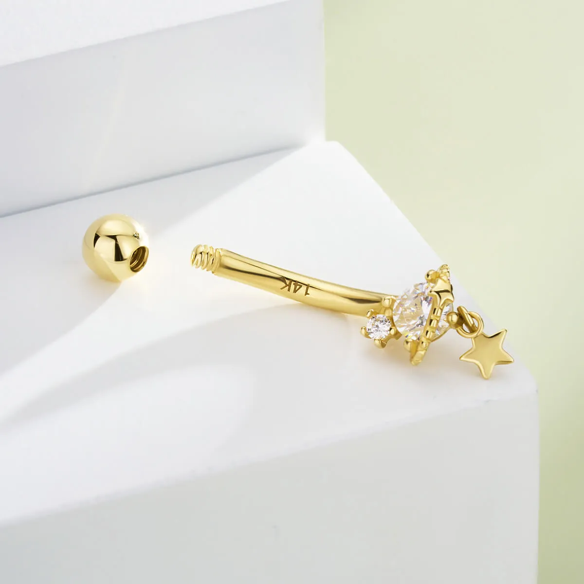 14K Solid Gold 14G Celestial Saturn Belly Button Ring