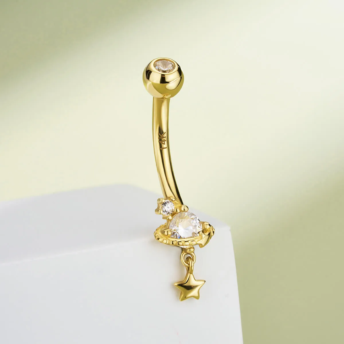 14K Solid Gold 14G Celestial Saturn Belly Button Ring