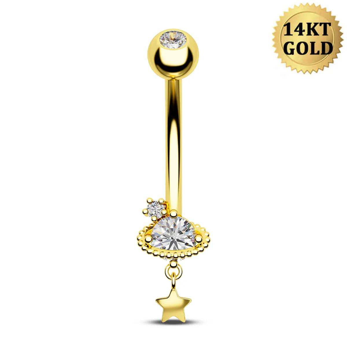 14K Solid Gold 14G Celestial Saturn Belly Button Ring