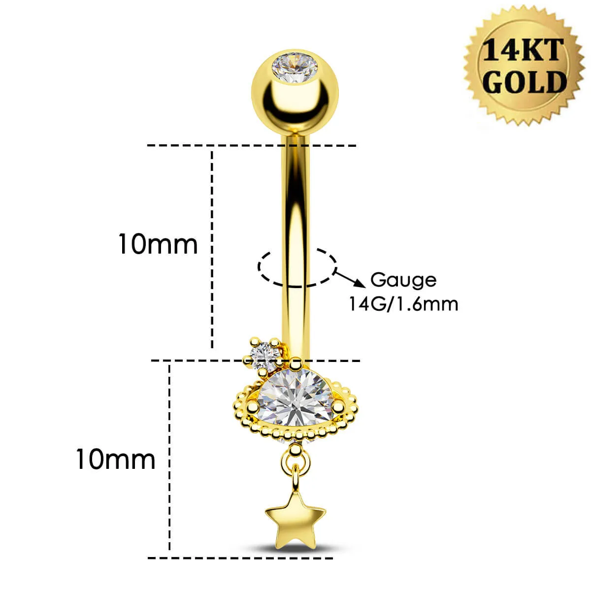 14K Solid Gold 14G Celestial Saturn Belly Button Ring