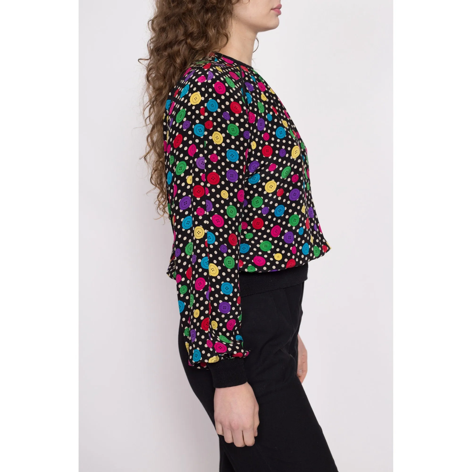 80s Button Print Silk Blouse - Medium