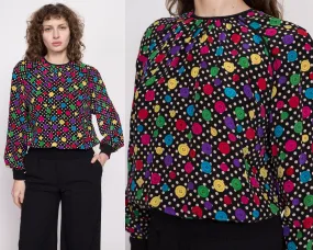 80s Button Print Silk Blouse - Medium