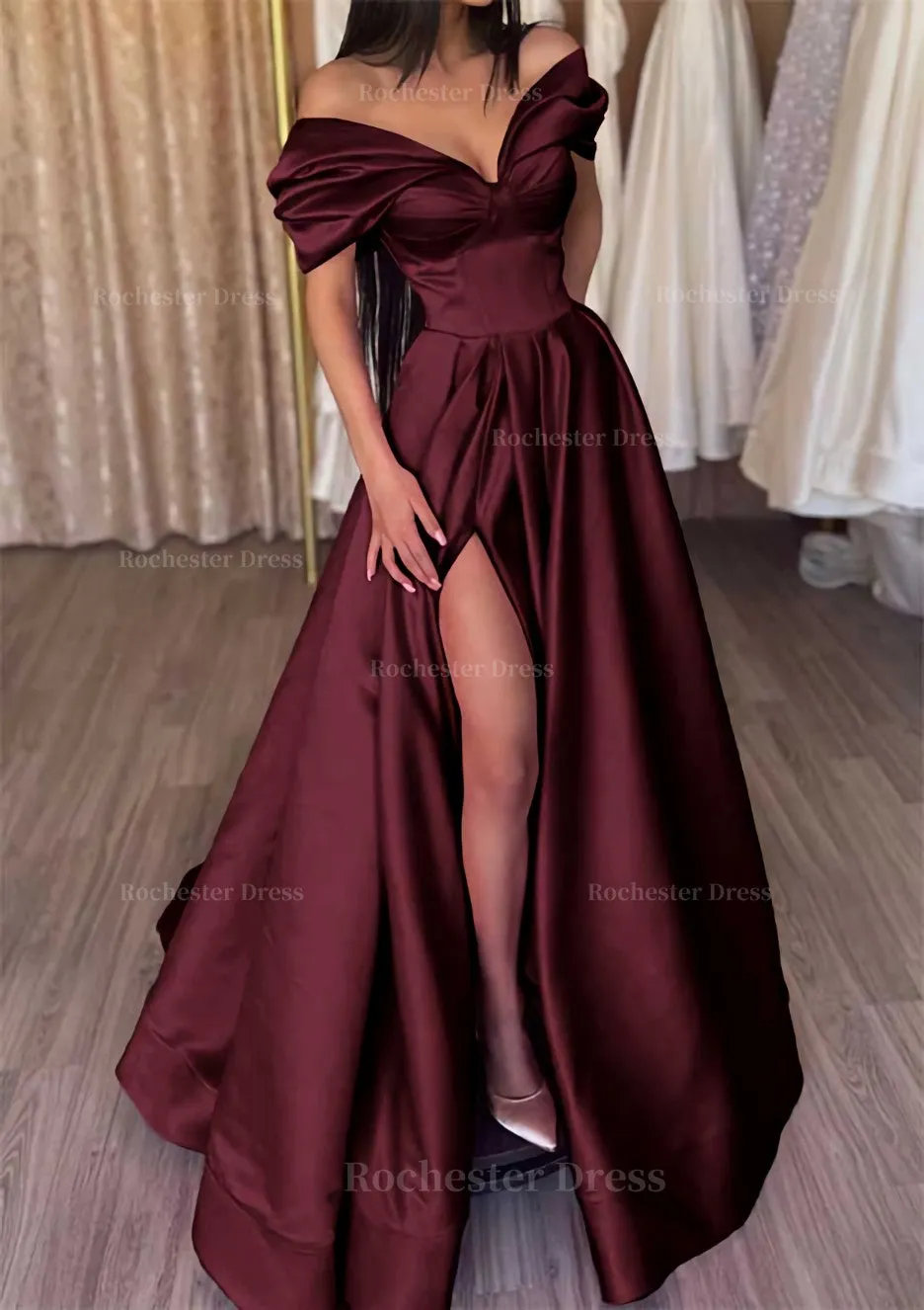 A-line Off-the-Shoulder Short Sleeve Satin Long/Floor-Length Prom Dress With Ruffles Split