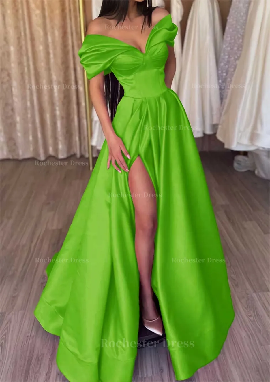 A-line Off-the-Shoulder Short Sleeve Satin Long/Floor-Length Prom Dress With Ruffles Split