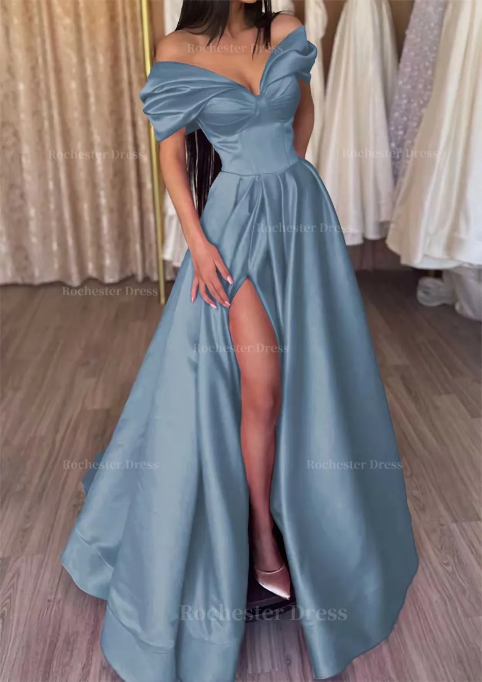 A-line Off-the-Shoulder Short Sleeve Satin Long/Floor-Length Prom Dress With Ruffles Split