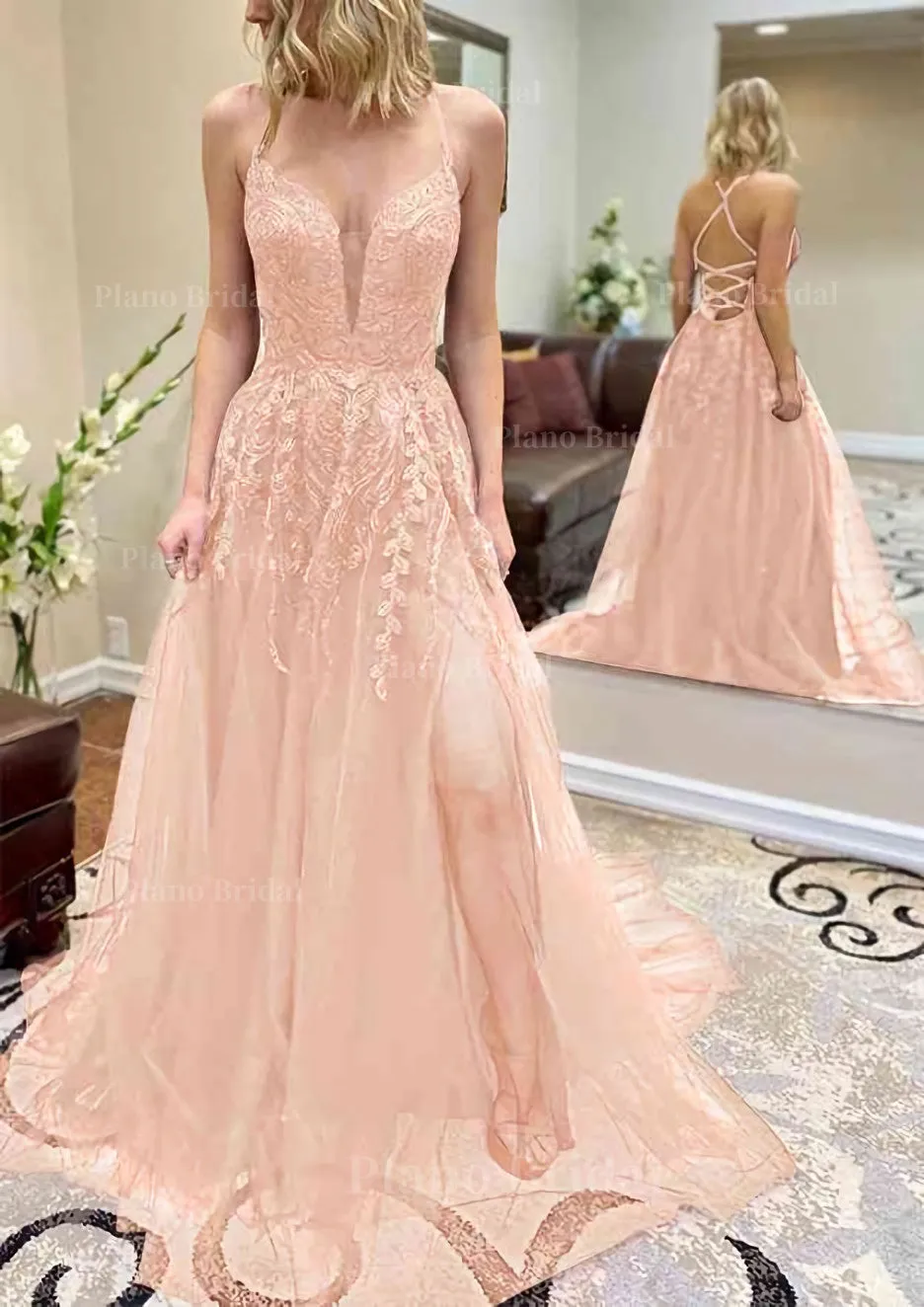 A-line V Neck Spaghetti Straps Chapel Train Tulle Prom Dress With Split Appliqued