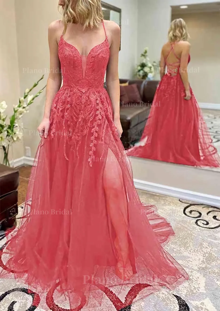 A-line V Neck Spaghetti Straps Chapel Train Tulle Prom Dress With Split Appliqued