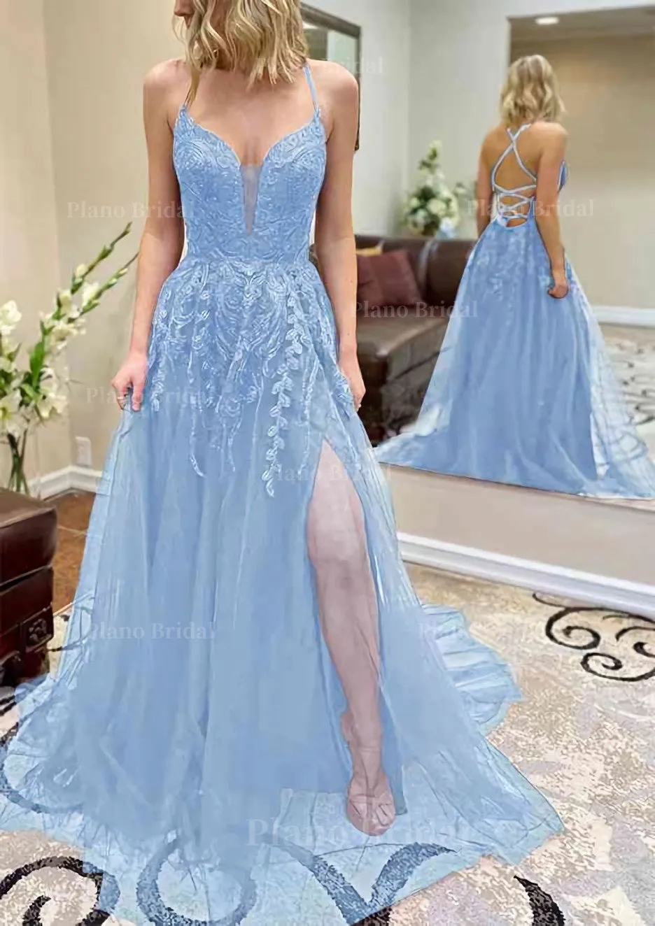 A-line V Neck Spaghetti Straps Chapel Train Tulle Prom Dress With Split Appliqued