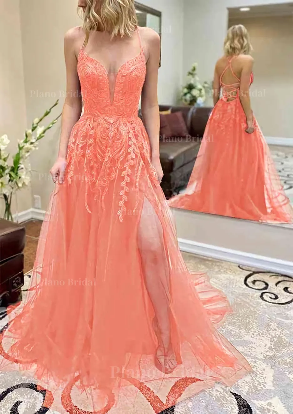 A-line V Neck Spaghetti Straps Chapel Train Tulle Prom Dress With Split Appliqued