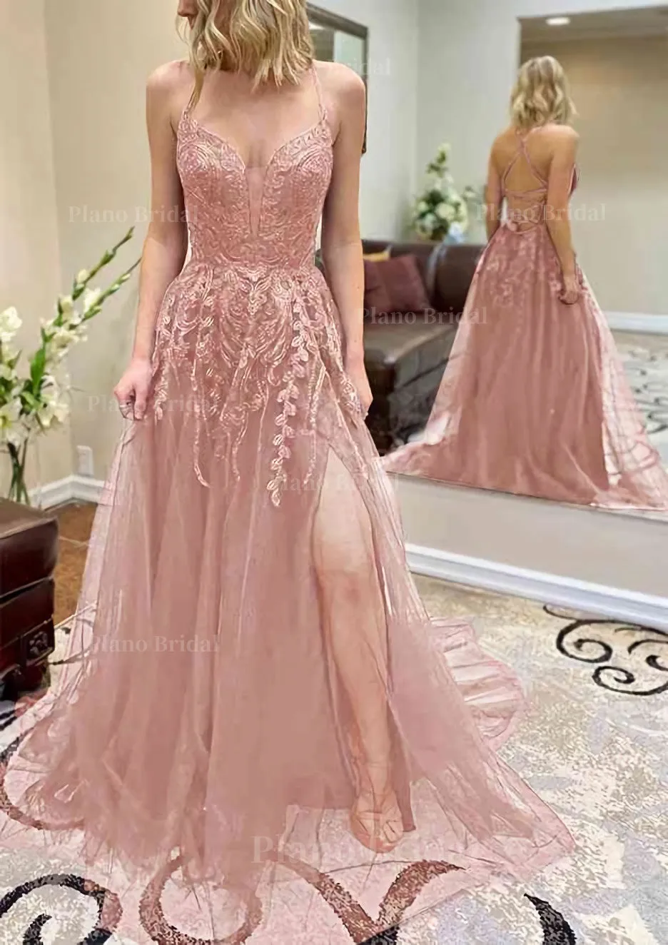 A-line V Neck Spaghetti Straps Chapel Train Tulle Prom Dress With Split Appliqued