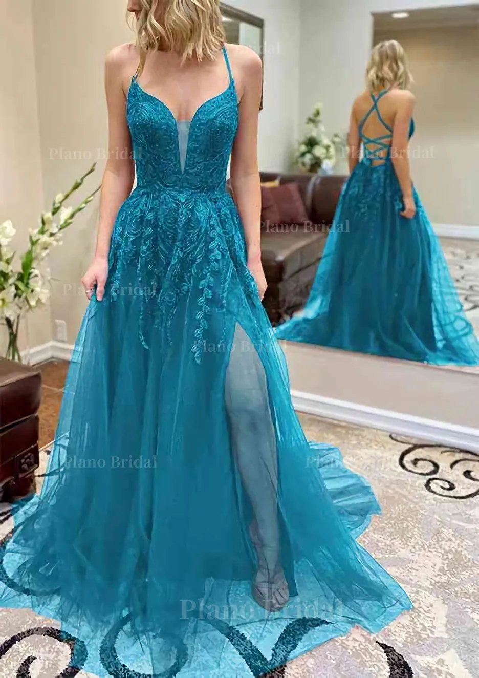 A-line V Neck Spaghetti Straps Chapel Train Tulle Prom Dress With Split Appliqued