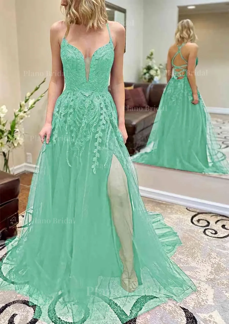 A-line V Neck Spaghetti Straps Chapel Train Tulle Prom Dress With Split Appliqued