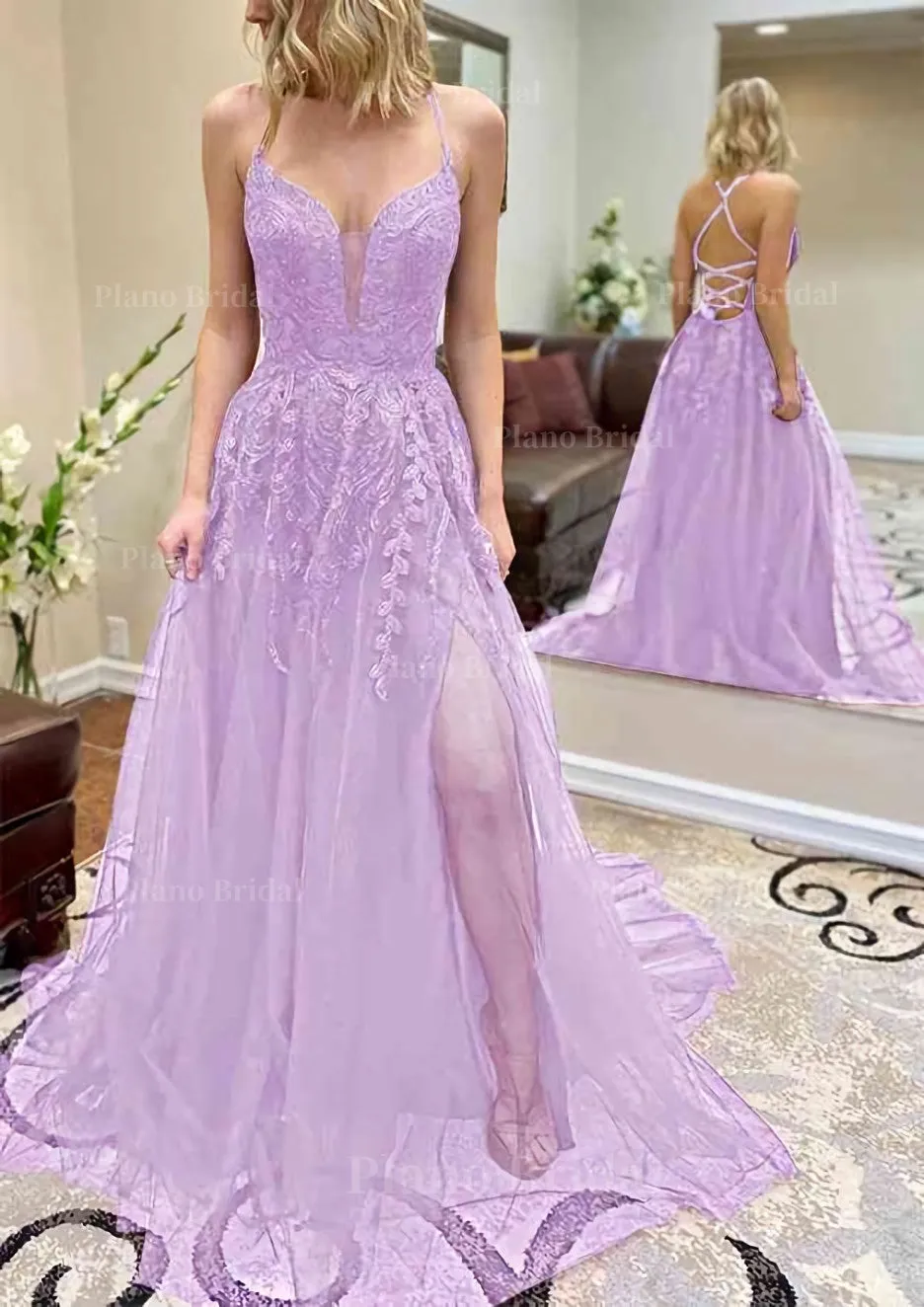 A-line V Neck Spaghetti Straps Chapel Train Tulle Prom Dress With Split Appliqued