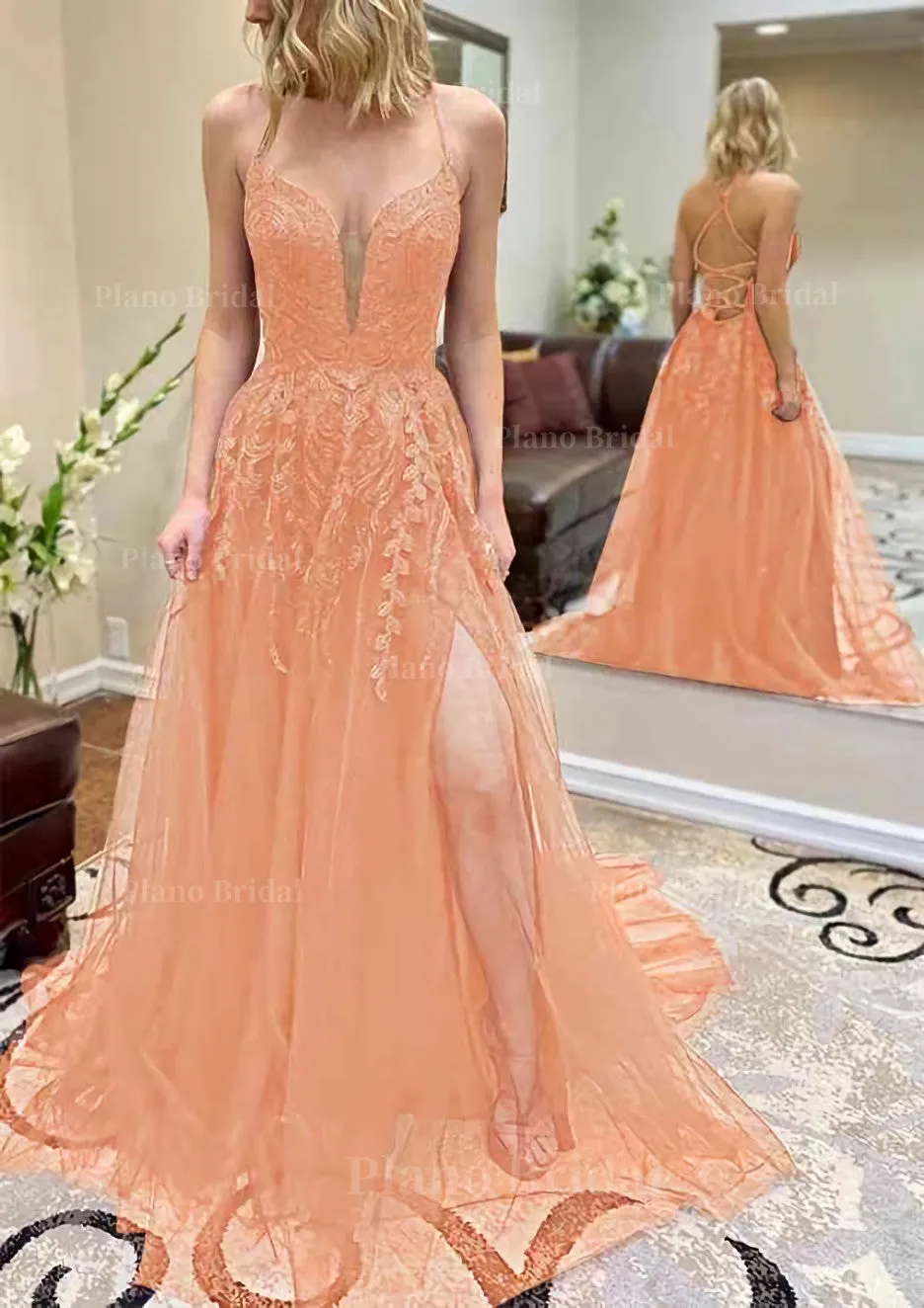 A-line V Neck Spaghetti Straps Chapel Train Tulle Prom Dress With Split Appliqued