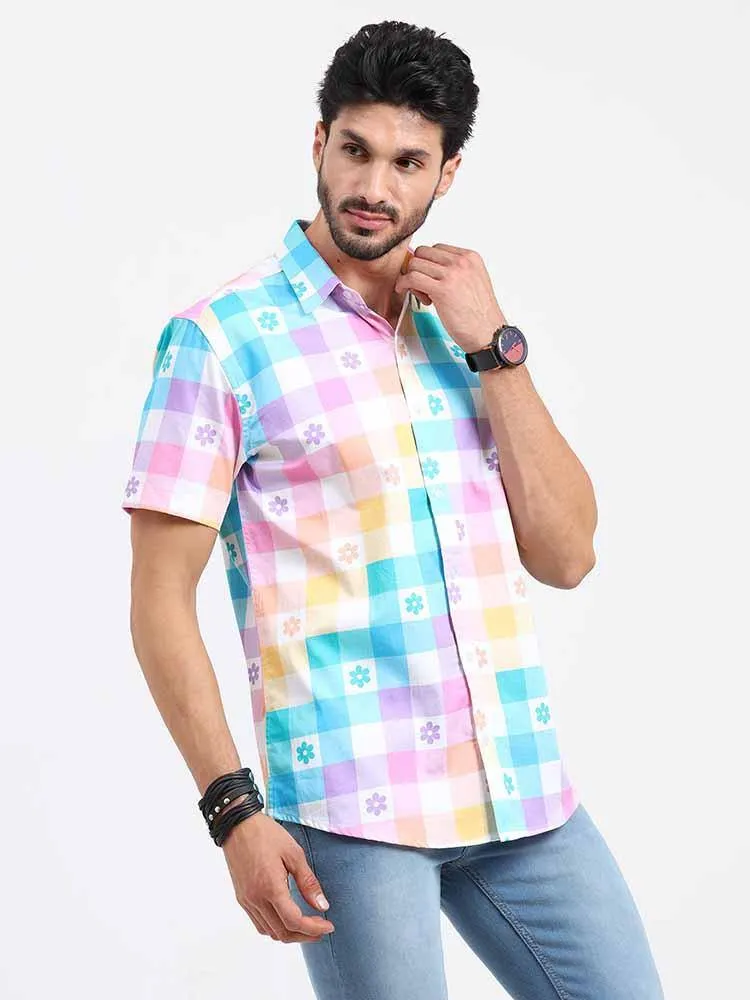 Abstract Rainbow Checks Cotton Half Sleeve Shirt