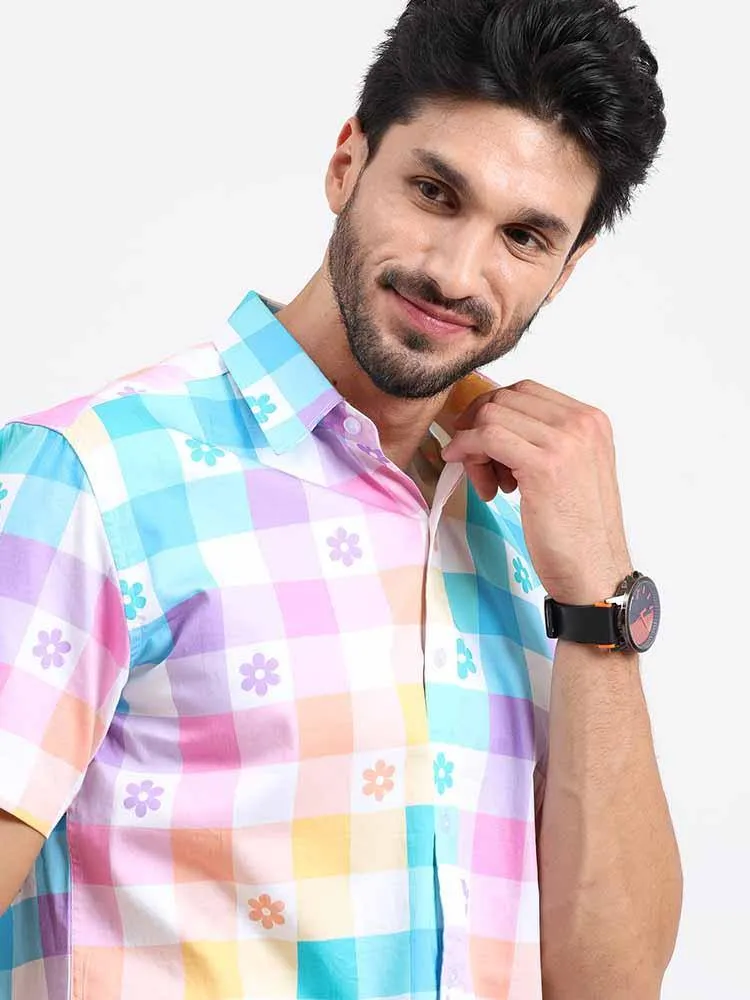 Abstract Rainbow Checks Cotton Half Sleeve Shirt