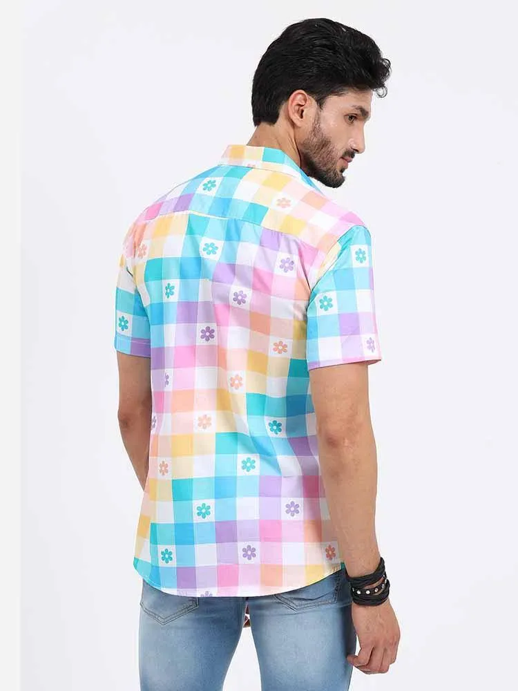 Abstract Rainbow Checks Cotton Half Sleeve Shirt