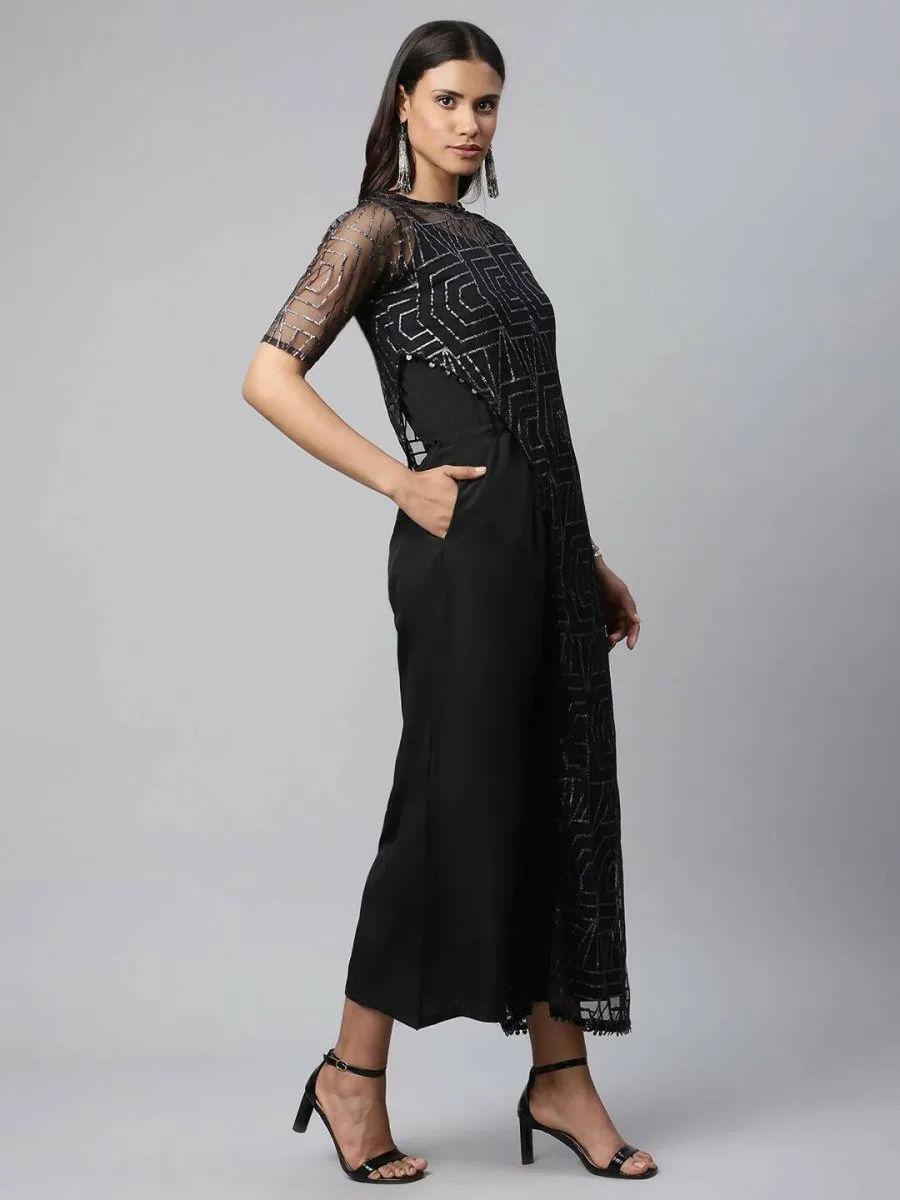 Ahalyaa Womens Black Crepe & Net Glitter Print Jumpsuit