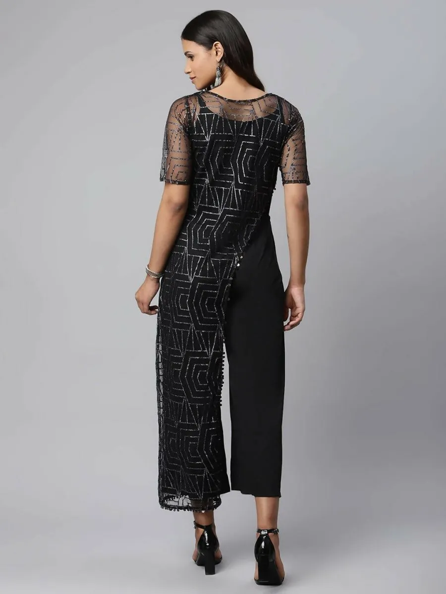 Ahalyaa Womens Black Crepe & Net Glitter Print Jumpsuit