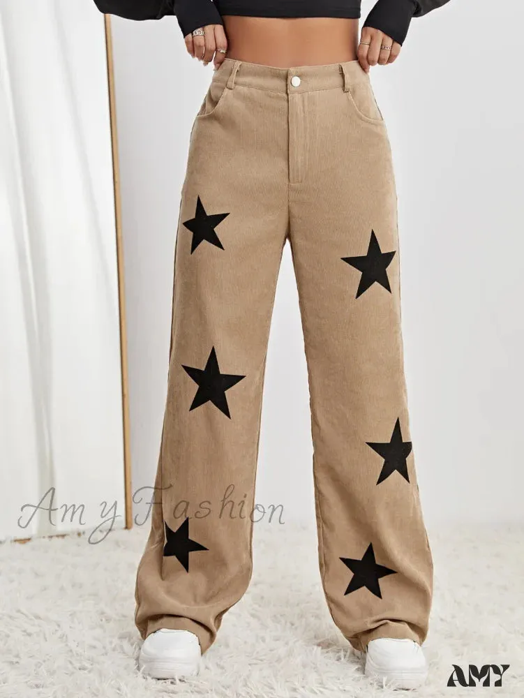 Amy Fashion - Star Print High Waist Straight Leg Pants