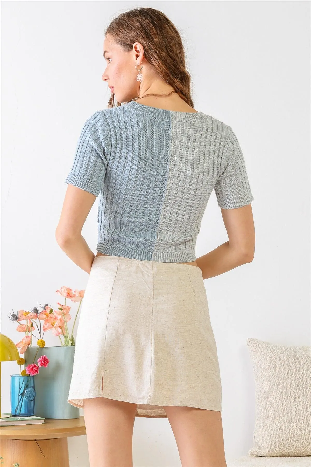 Baby Blue Multi Colorblocked Ribbed Knit Short Sleeve Crop Top /2-2-1