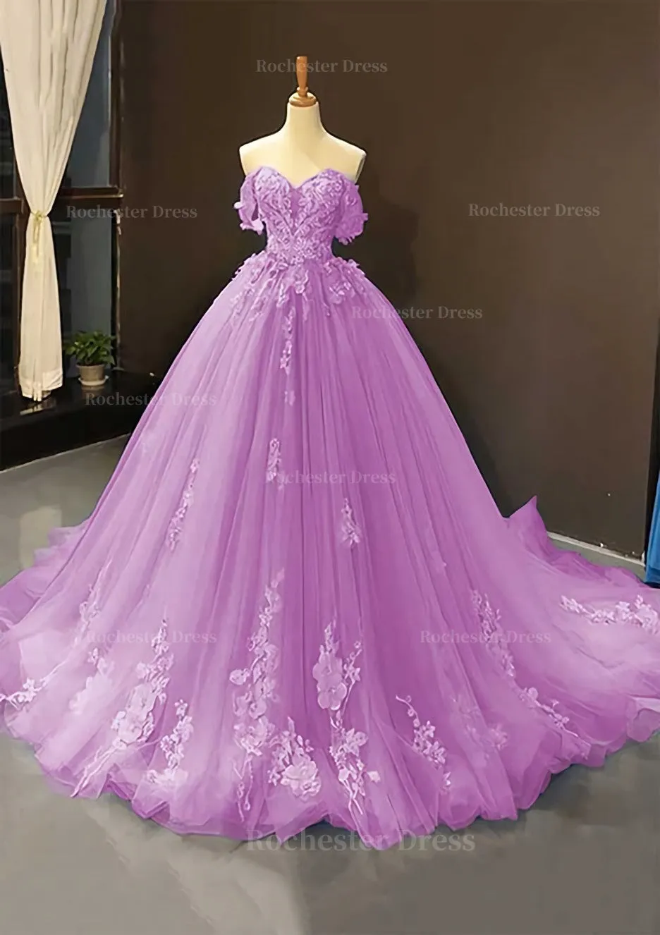 Ball Gown Off-the-Shoulder Sweep Train Tulle Prom Dress With Appliqued