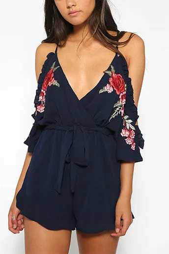 Bear Shoulder Deep V-neck Embroidery Pure Color Romper