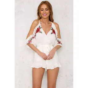 Bear Shoulder Deep V-neck Embroidery Pure Color Romper