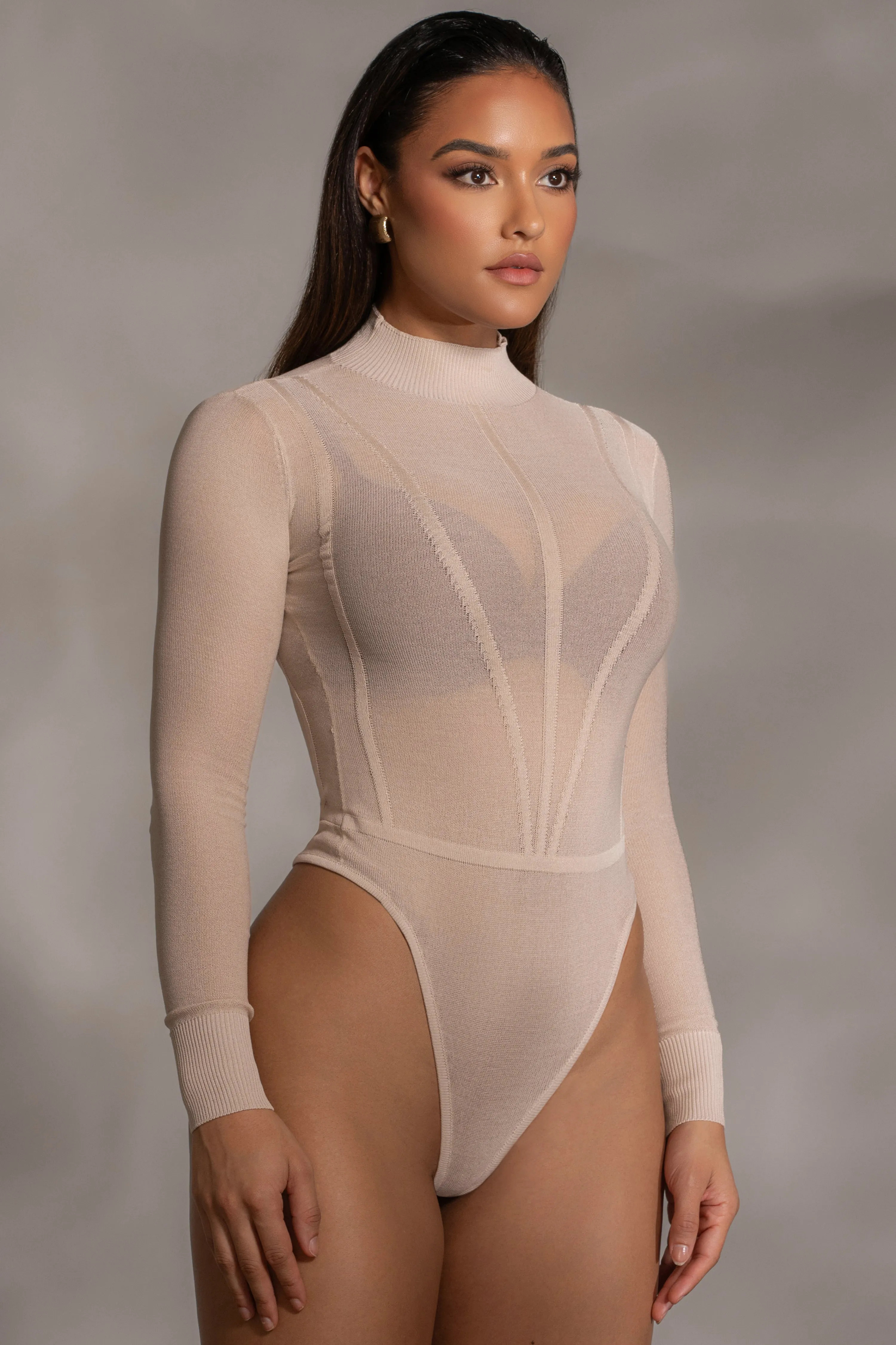 Beige Lori Sheer Knit Bodysuit