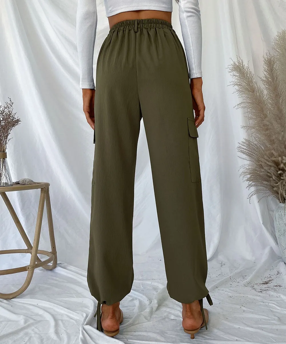 BerriesJam - High Waist Drawstring Hem Solid Cargo Pants