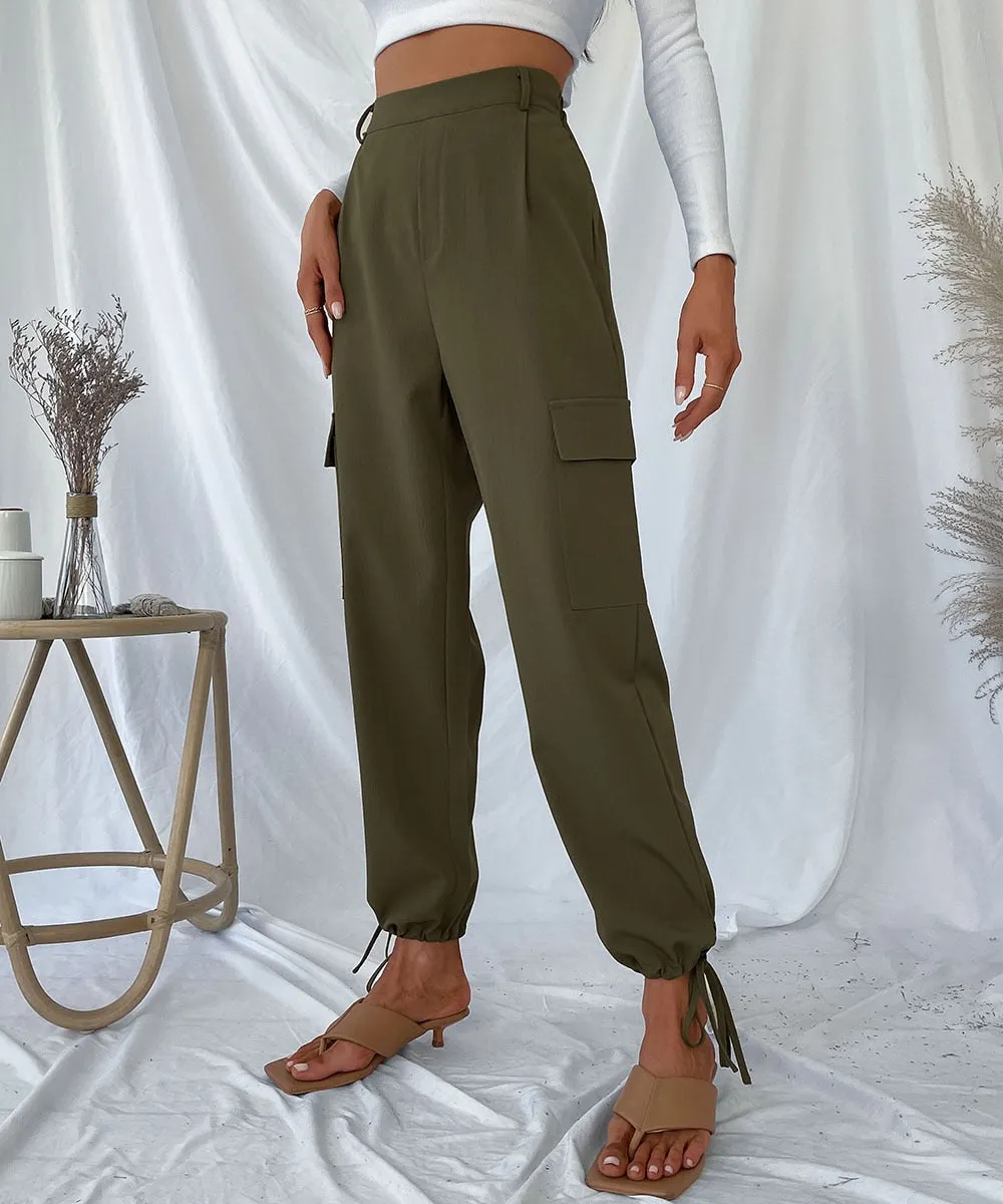 BerriesJam - High Waist Drawstring Hem Solid Cargo Pants