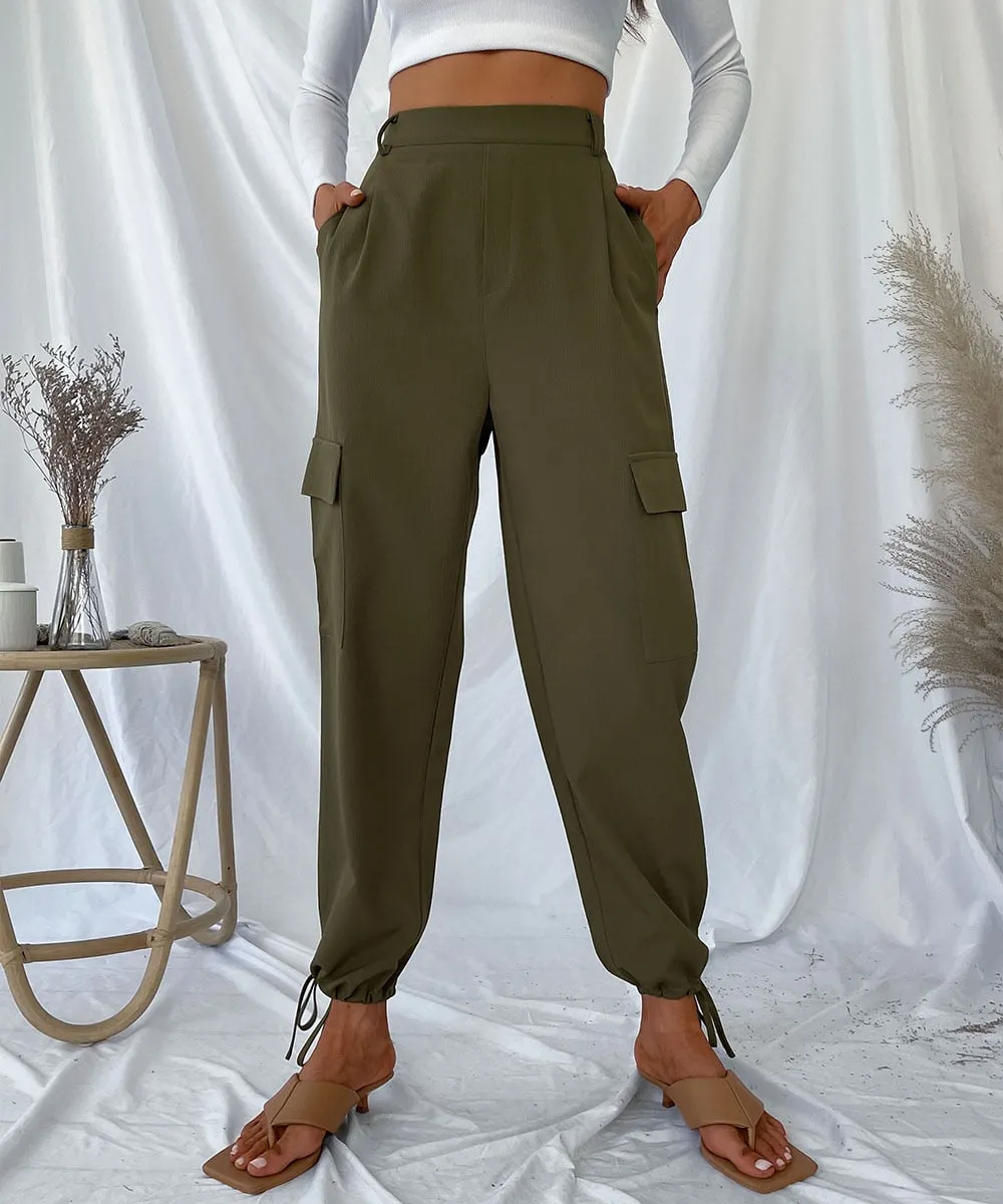 BerriesJam - High Waist Drawstring Hem Solid Cargo Pants