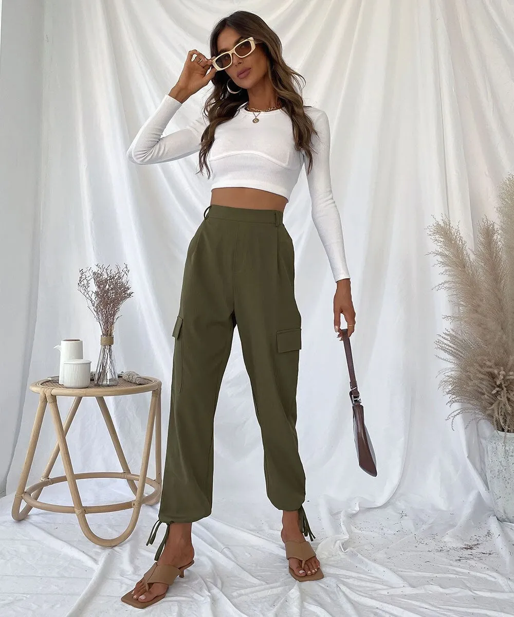 BerriesJam - High Waist Drawstring Hem Solid Cargo Pants