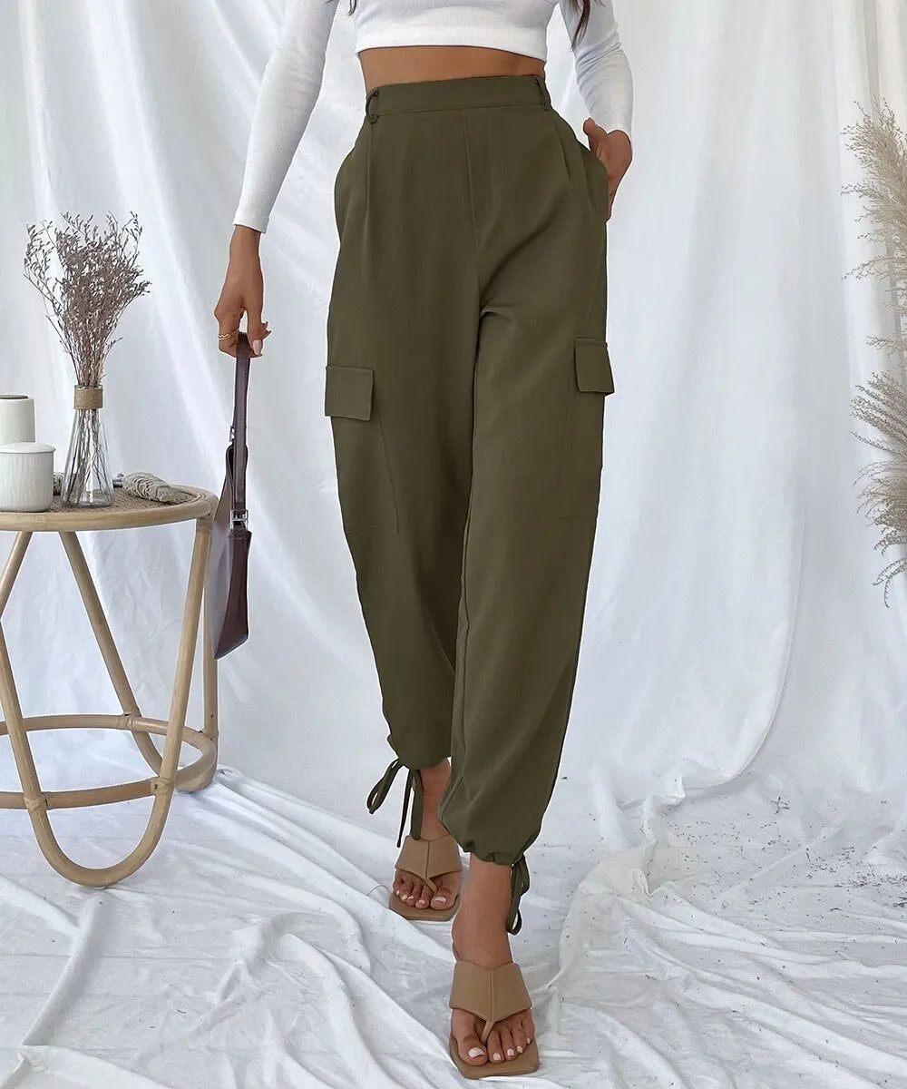 BerriesJam - High Waist Drawstring Hem Solid Cargo Pants