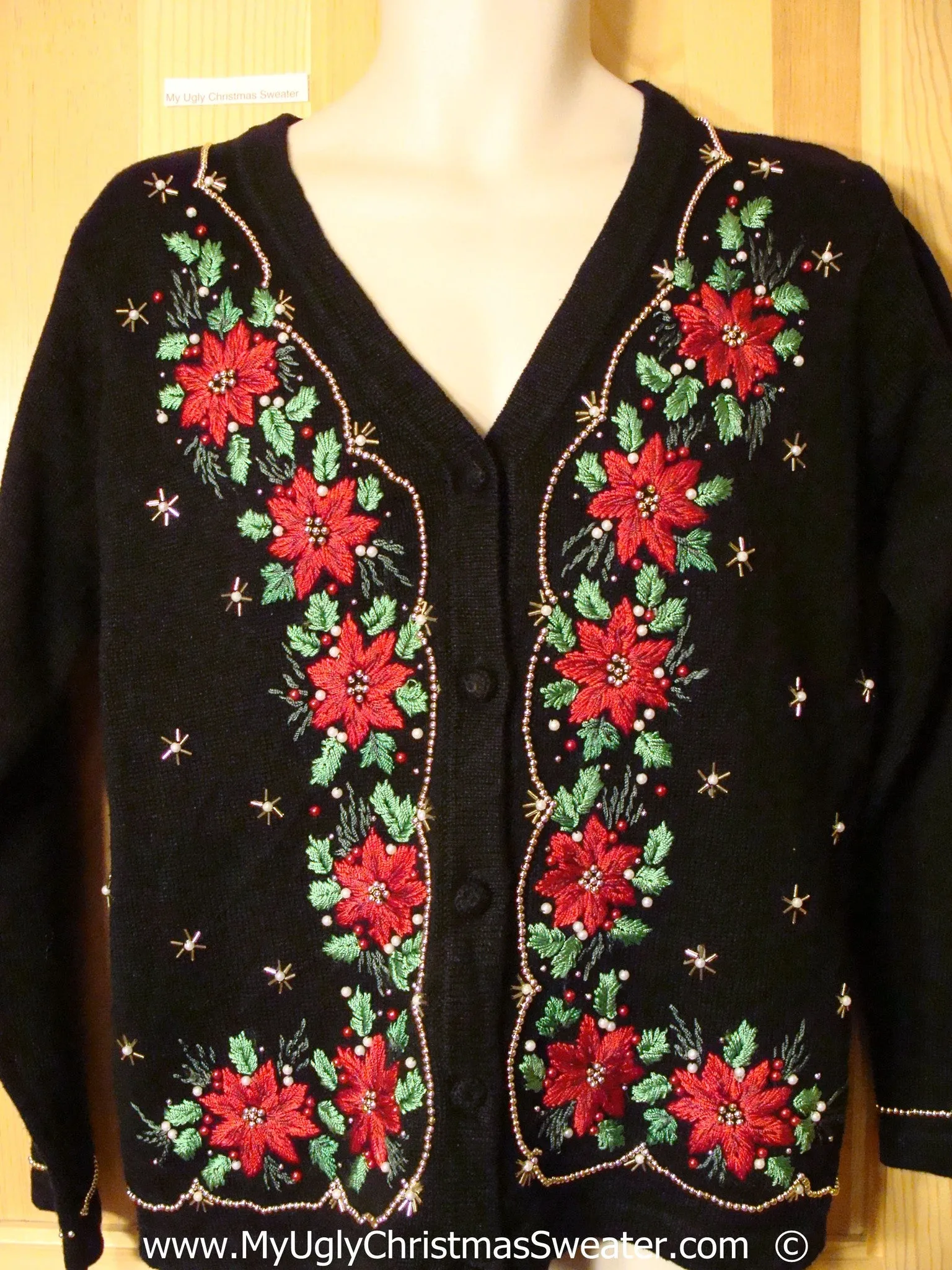 Black Christmas Sweater with Red Bling Poinsettias