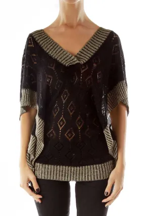 Black Gold Shimmer V-Neck Knit Top