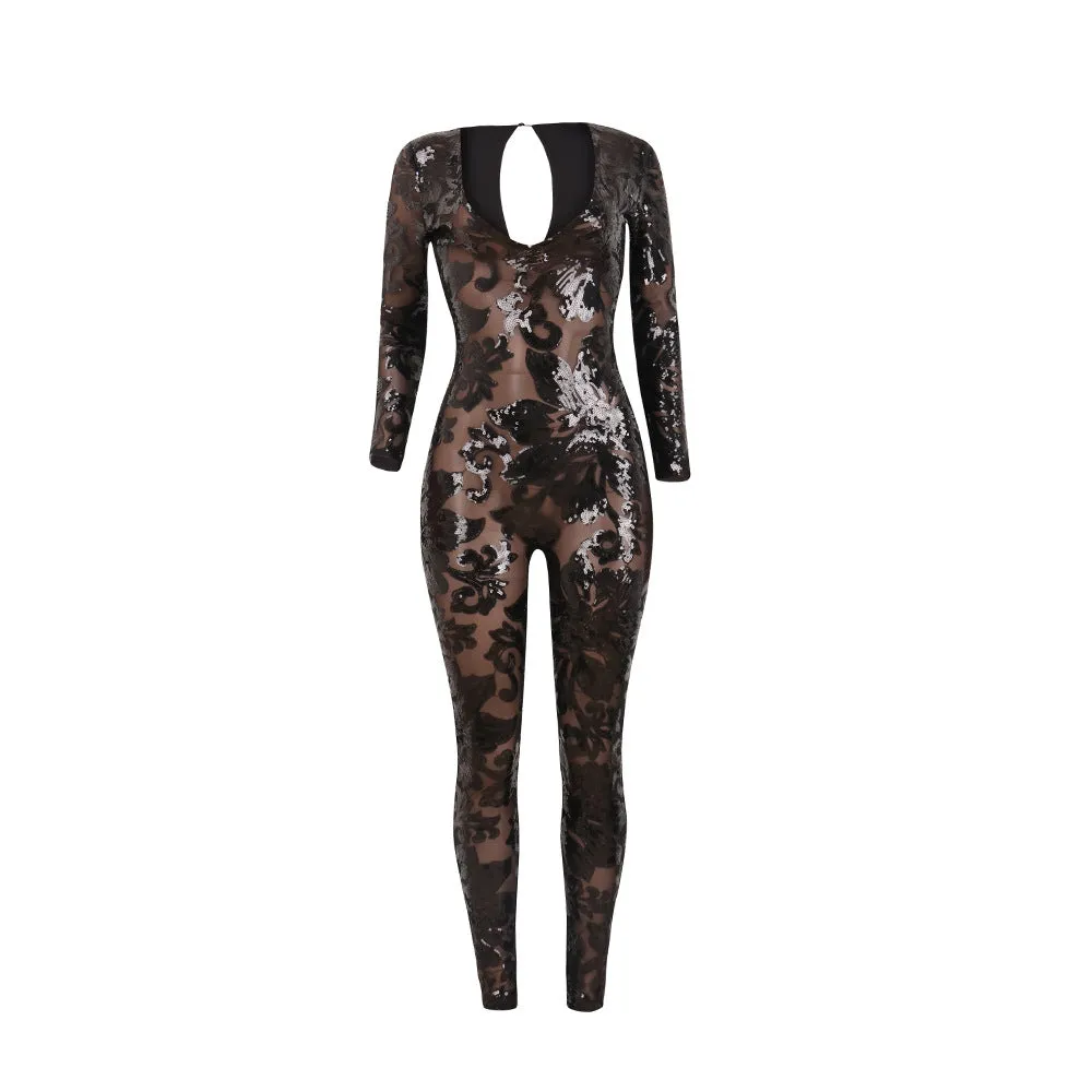 Black Lace Up Long Sleeve Scoop Long Slim Jumpsuit