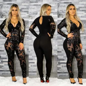 Black Lace Up Long Sleeve Scoop Long Slim Jumpsuit