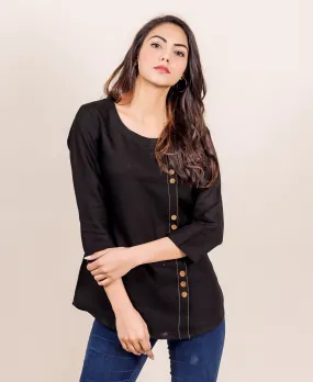 Black Linen Top with Stitch Line