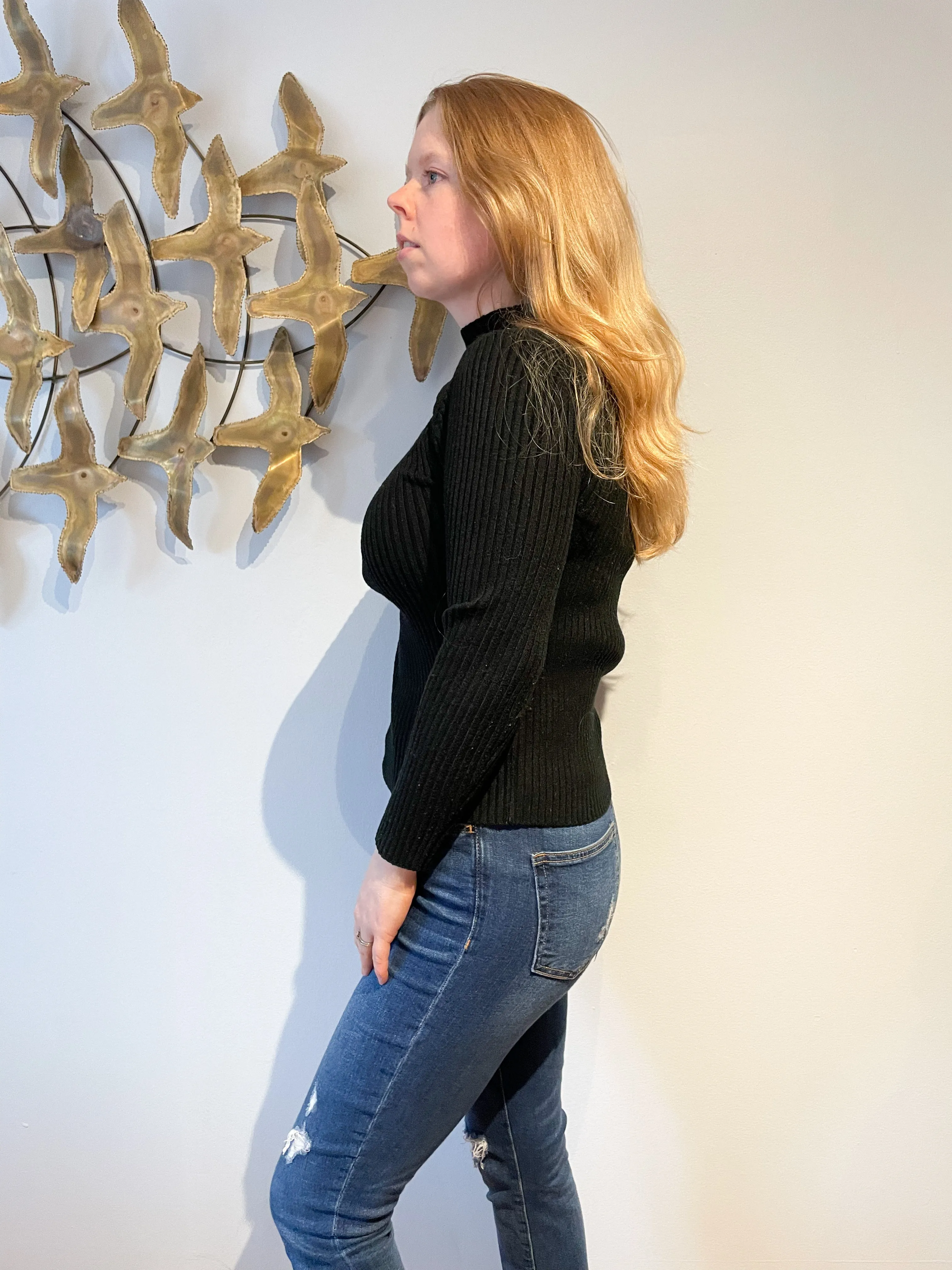 Black Mock Neck Ribbed Stretch Knit Sweater - M/L