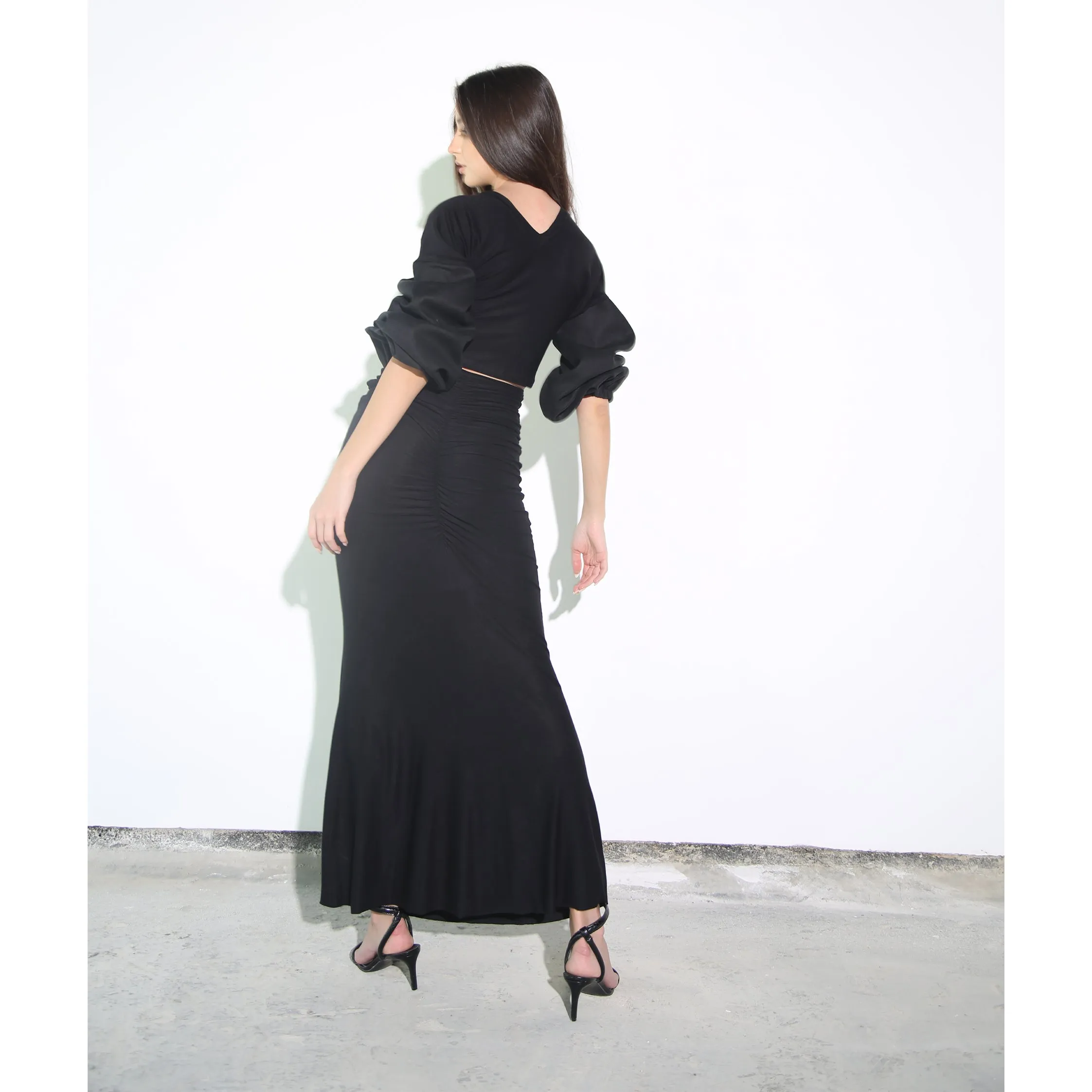 Black Modal Soft Jersey and Linen Top with Balloon Sleeves