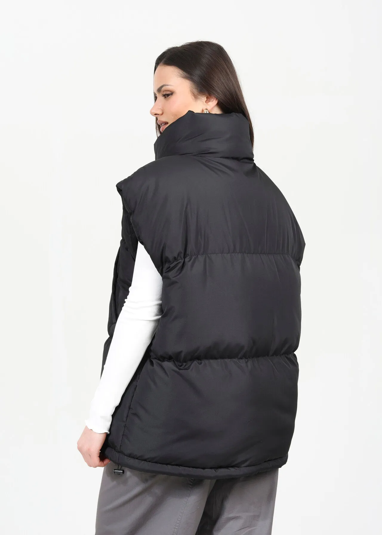 BLACK ZIP THROUGH HIGH NECK BOXY PADDED GILET