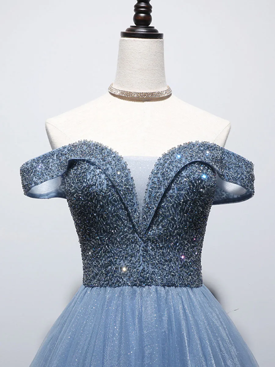 Blue Sweetheart Neck Beads Long Prom Dress, Blue Tulle Formal Dress With Beading Sequin