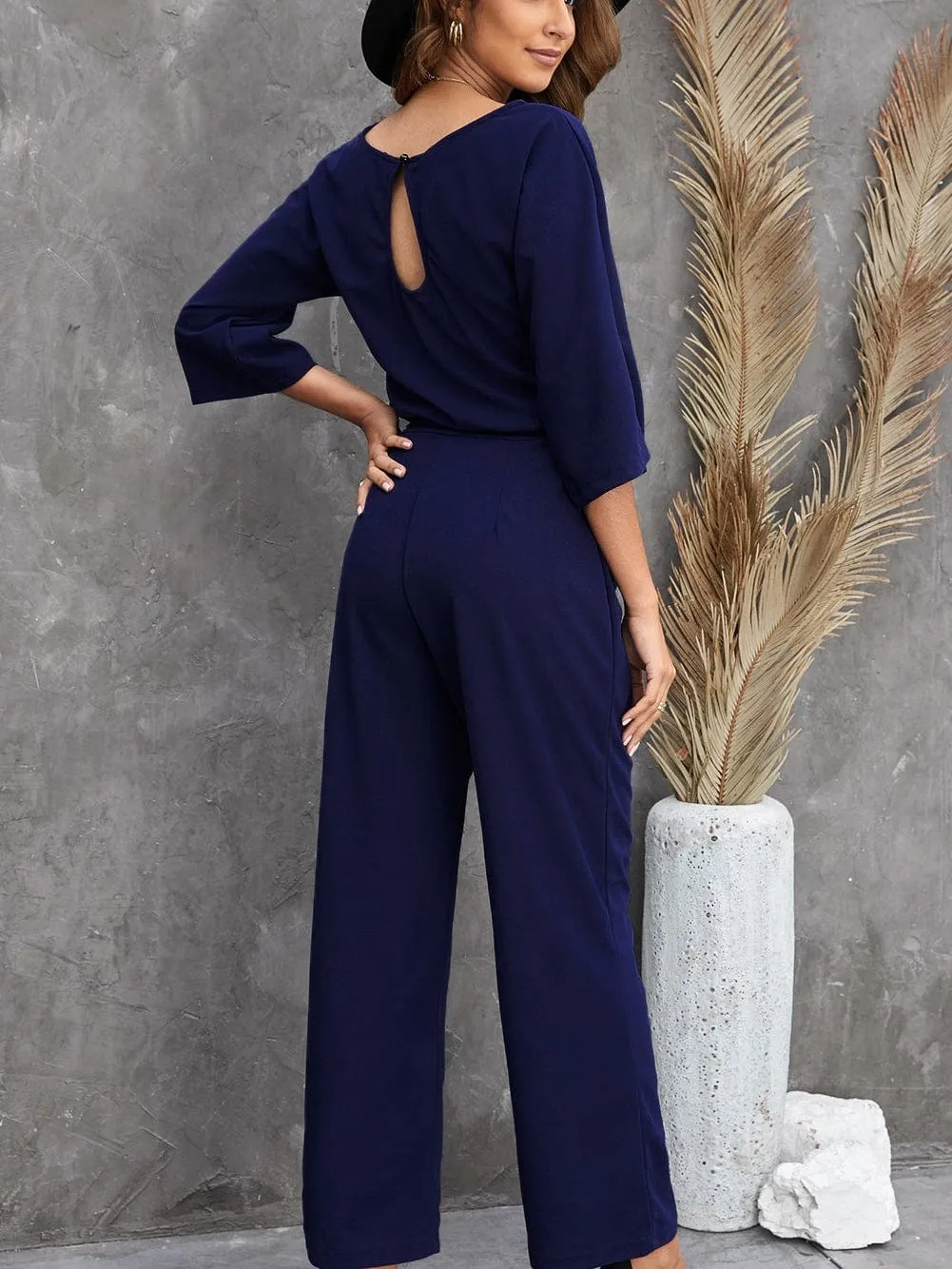 Blue Wide Leg Jumpsuit with Waist Tie and Bracelet Sleeves