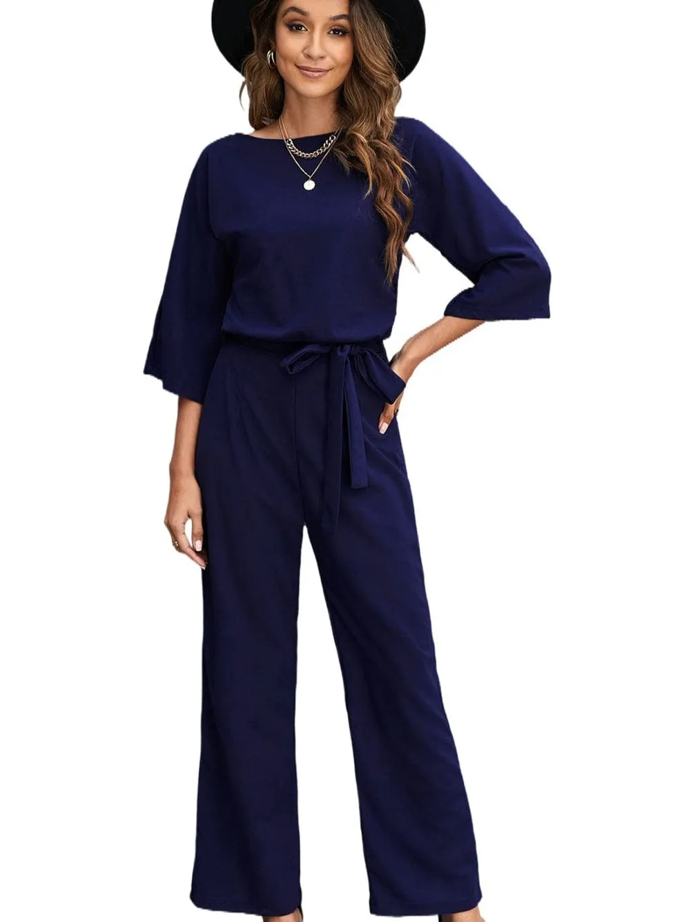 Blue Wide Leg Jumpsuit with Waist Tie and Bracelet Sleeves