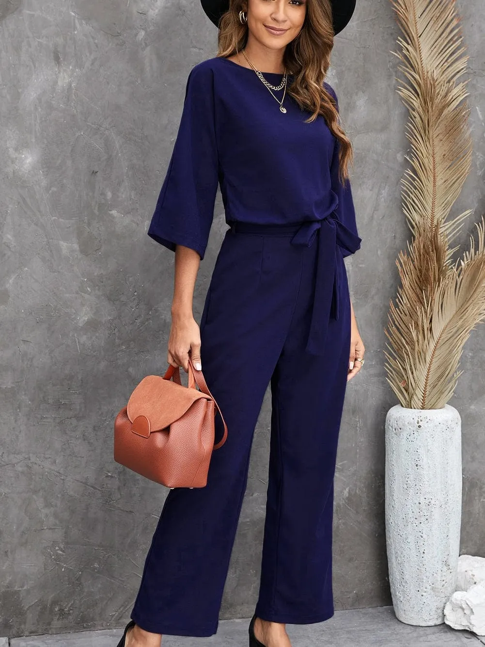 Blue Wide Leg Jumpsuit with Waist Tie and Bracelet Sleeves