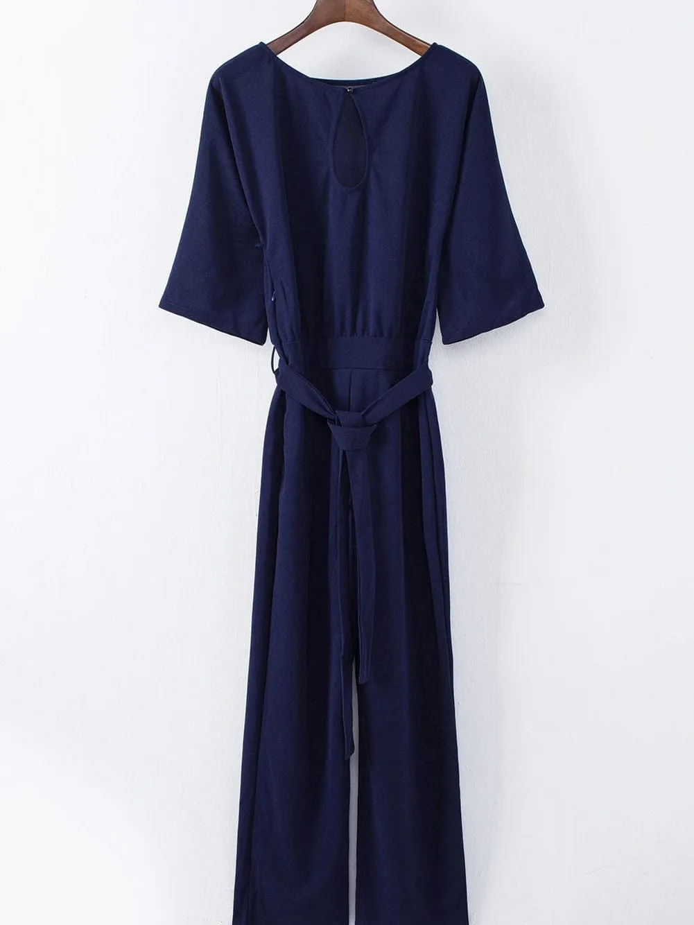 Blue Wide Leg Jumpsuit with Waist Tie and Bracelet Sleeves