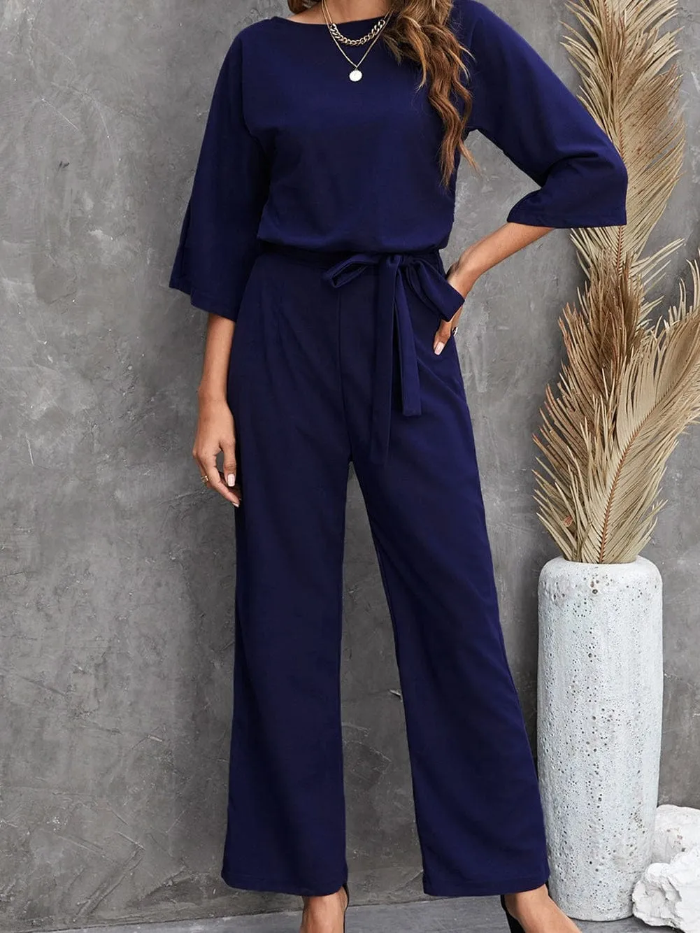 Blue Wide Leg Jumpsuit with Waist Tie and Bracelet Sleeves