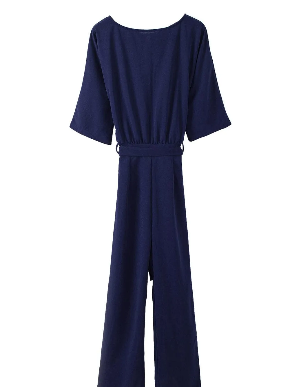 Blue Wide Leg Jumpsuit with Waist Tie and Bracelet Sleeves